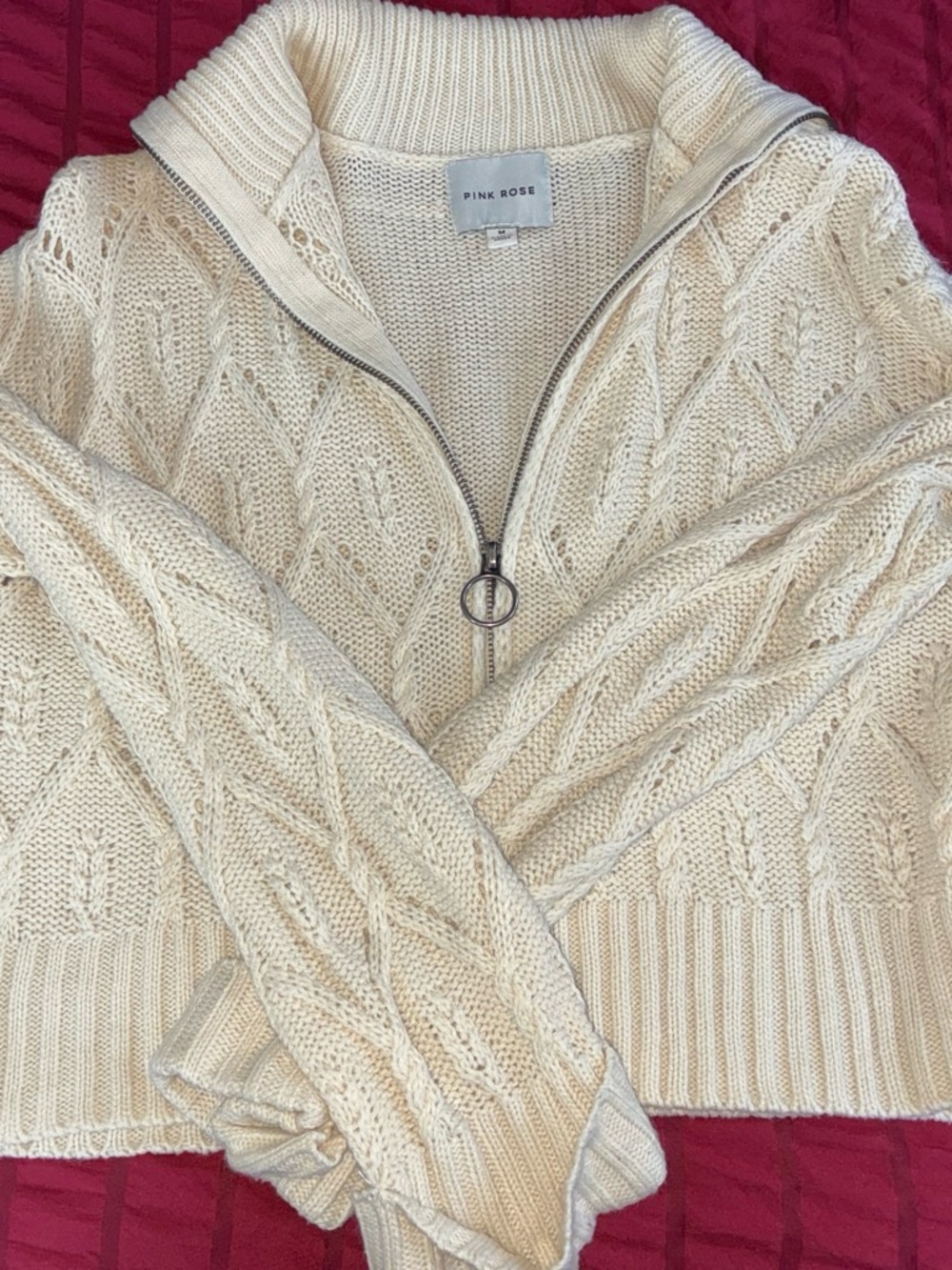 Pink Rose Cream Cable-Knit Half-Zip Turtleneck Sweater